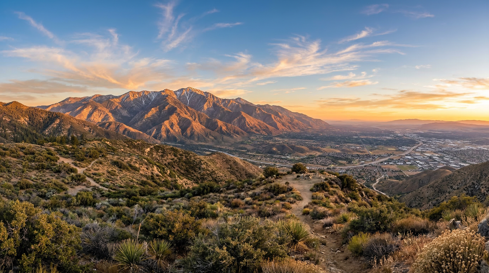 San Bernardino Mountains at golden hour, overlooking the Inland Empire valley