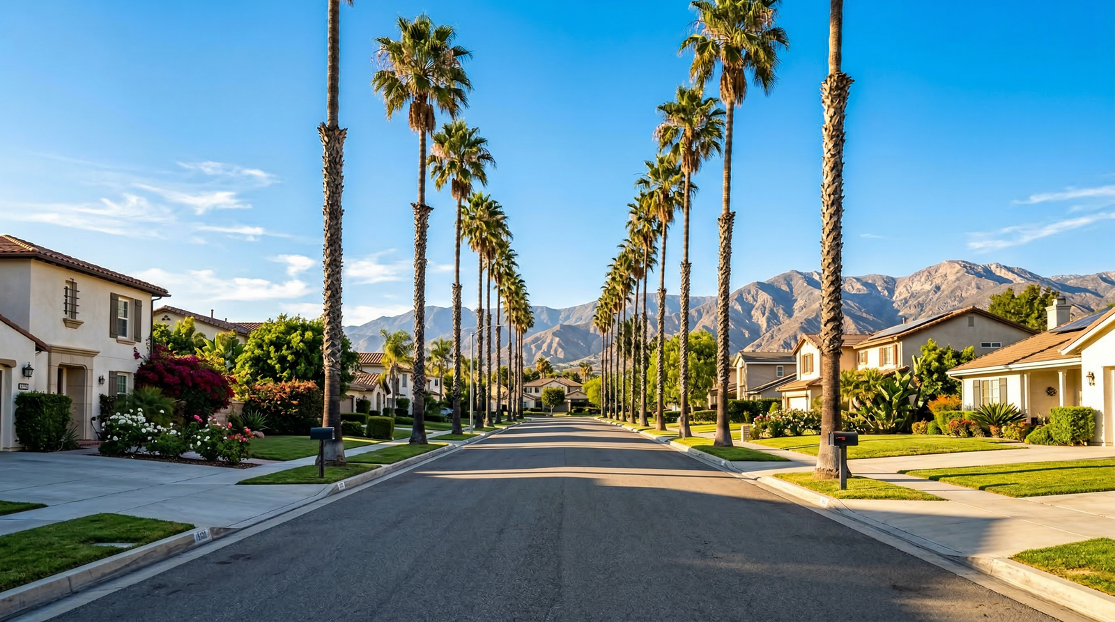 Palm tree-lined street in a Southern California neighborhood with mountains in the distance