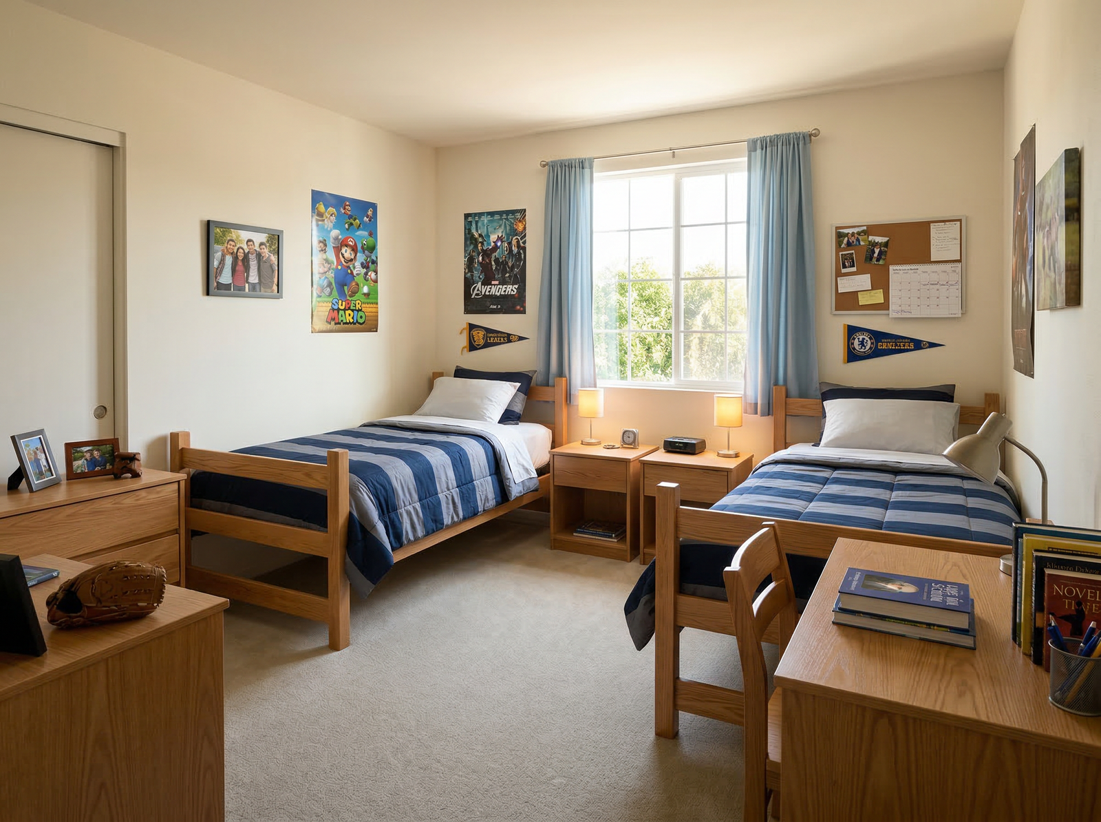 A clean, well-organized shared bedroom in a residential group home