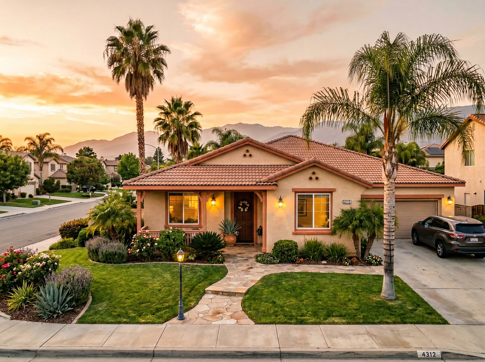 A well-maintained Southern California residential home at golden hour