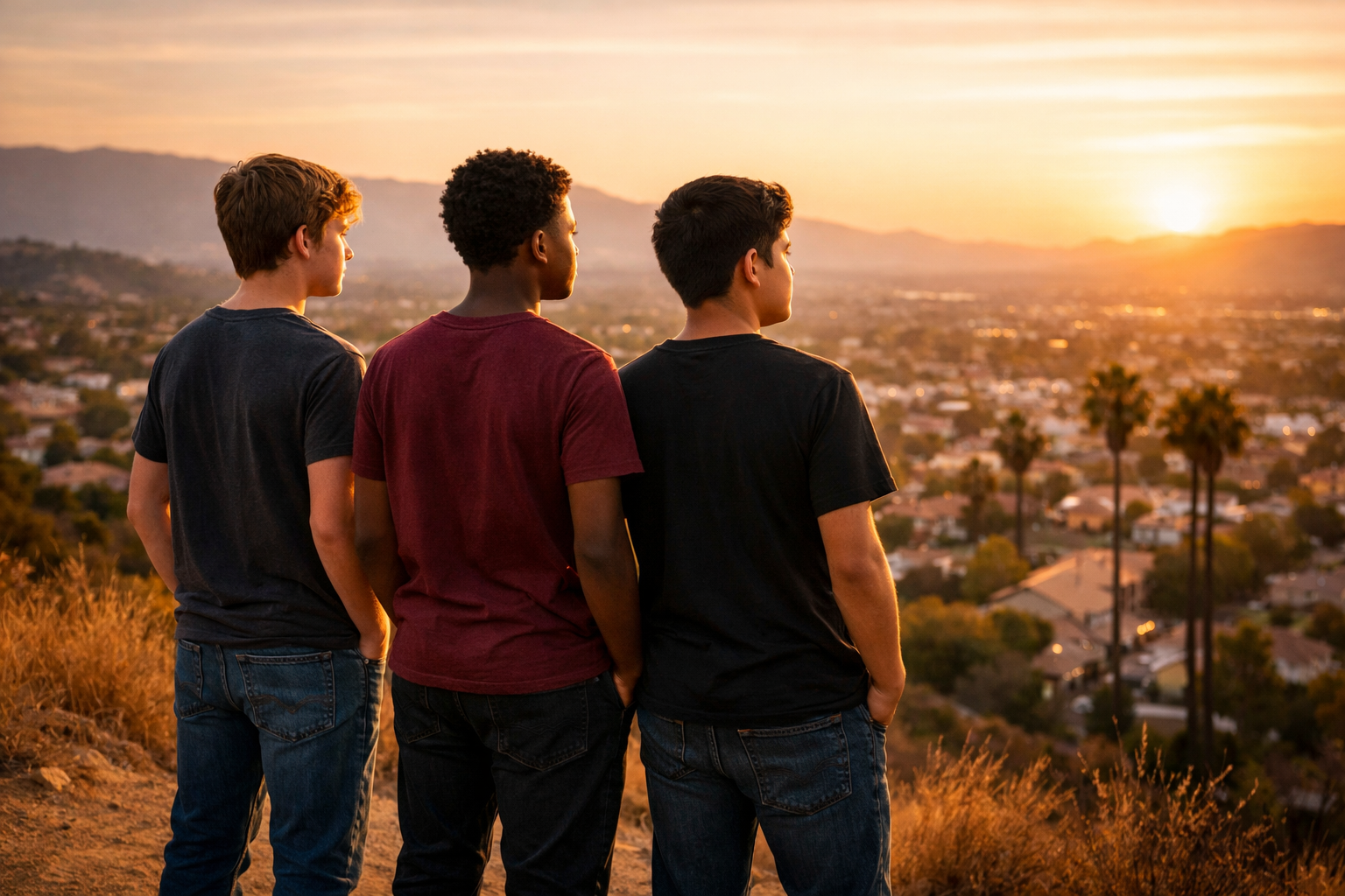 Three diverse teenage boys — white, Black, and Latino — standing together overlooking a Southern California valley at sunset