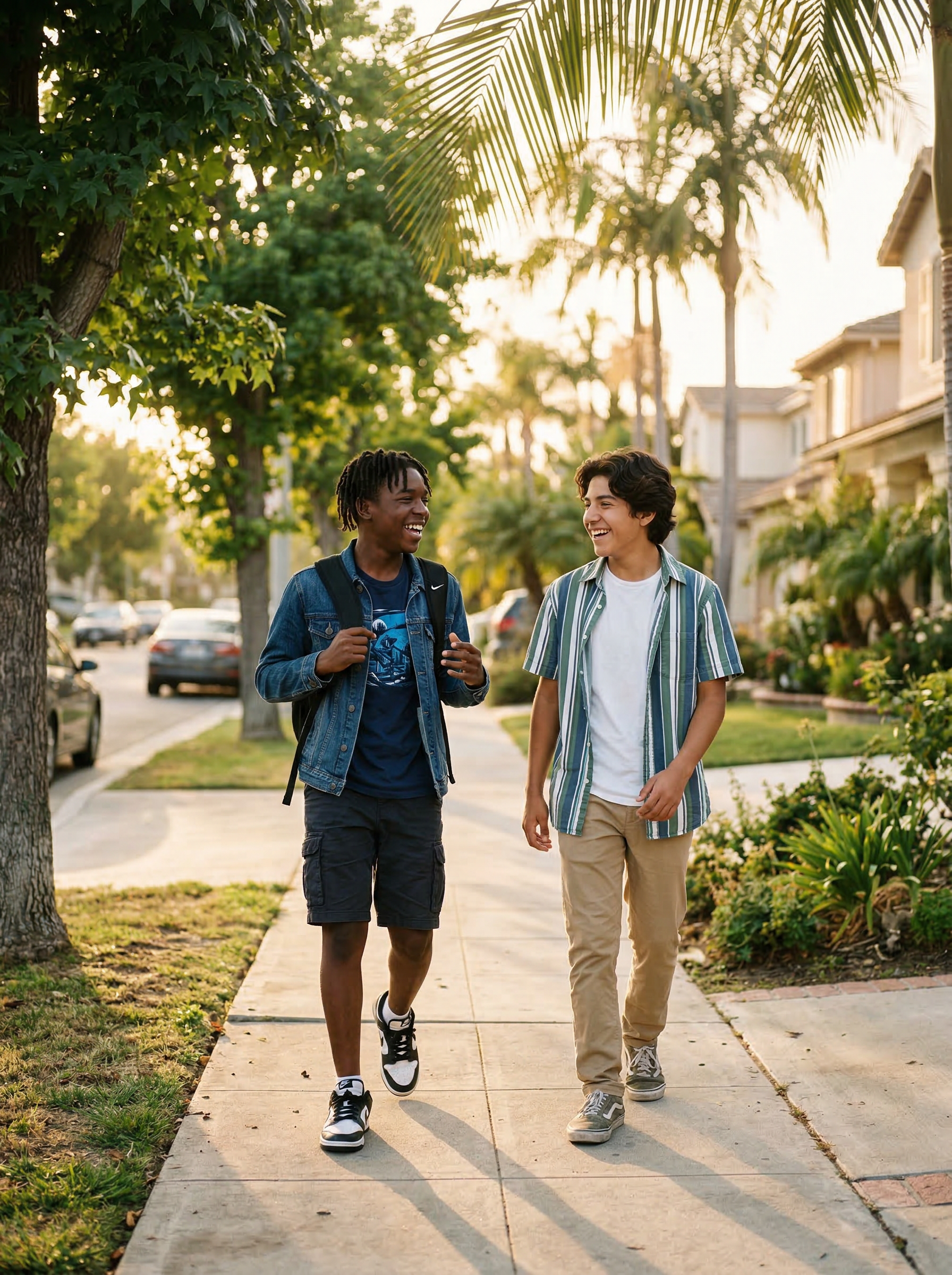 Two teenage boys laughing together walking down a palm-tree-lined sidewalk in Southern California