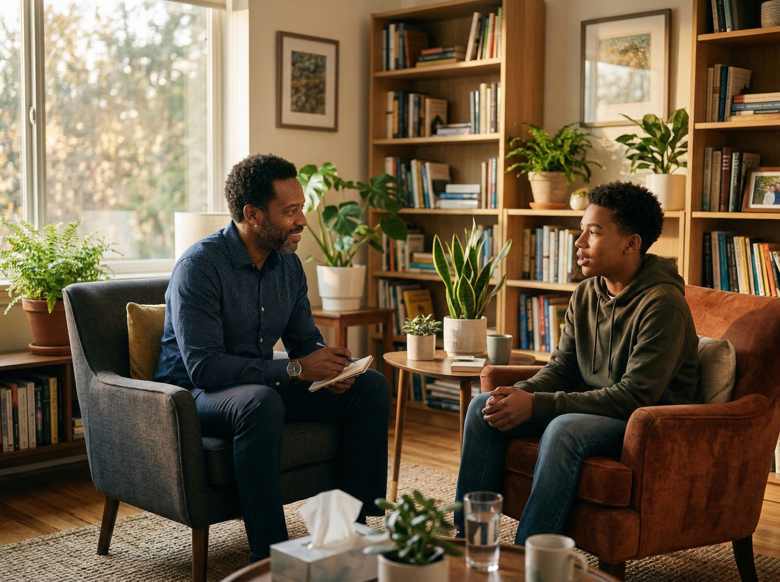 A counselor and teenage boy in a warm one-on-one therapy session