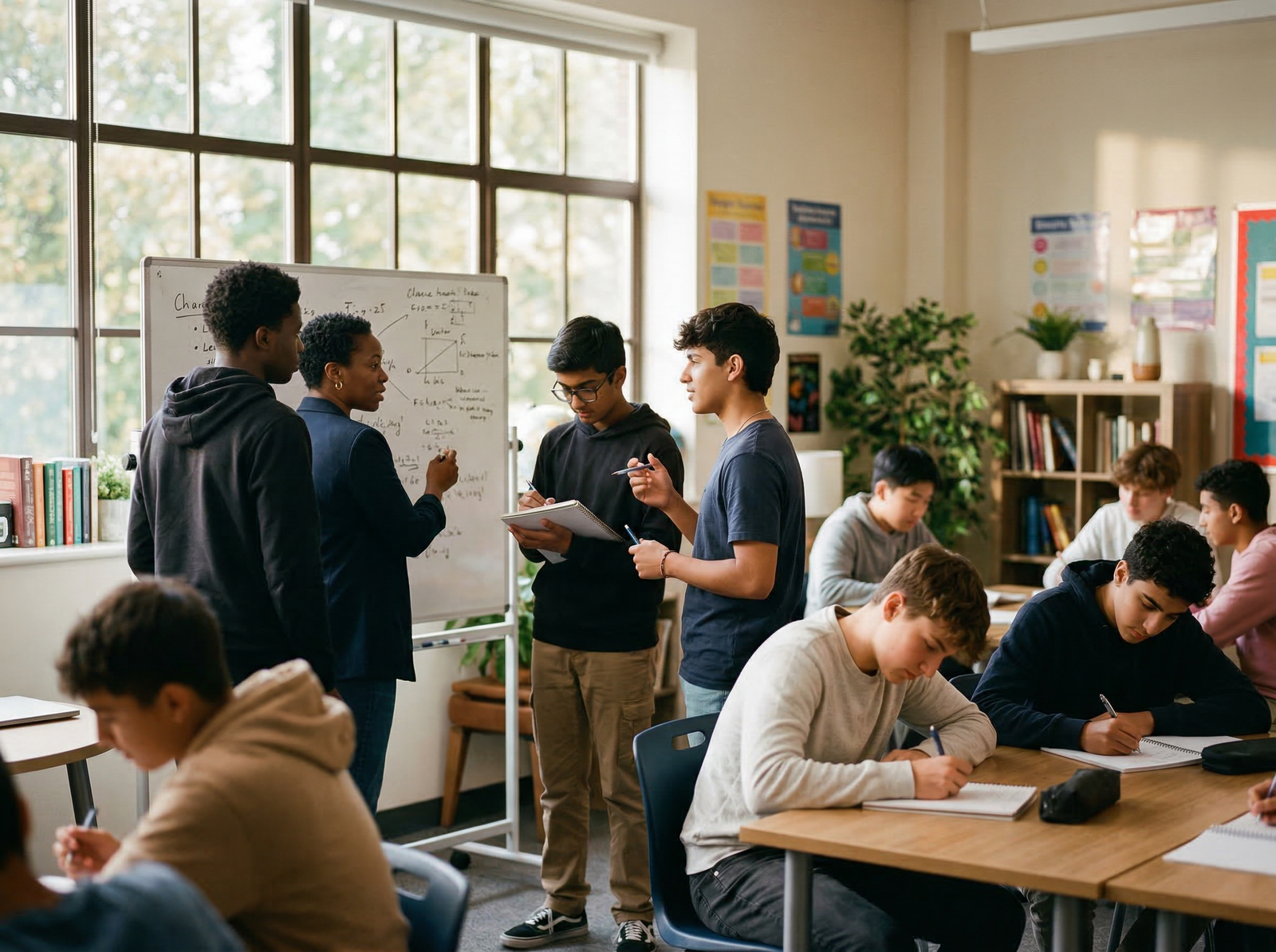 Teenage boys in a classroom learning with a tutor