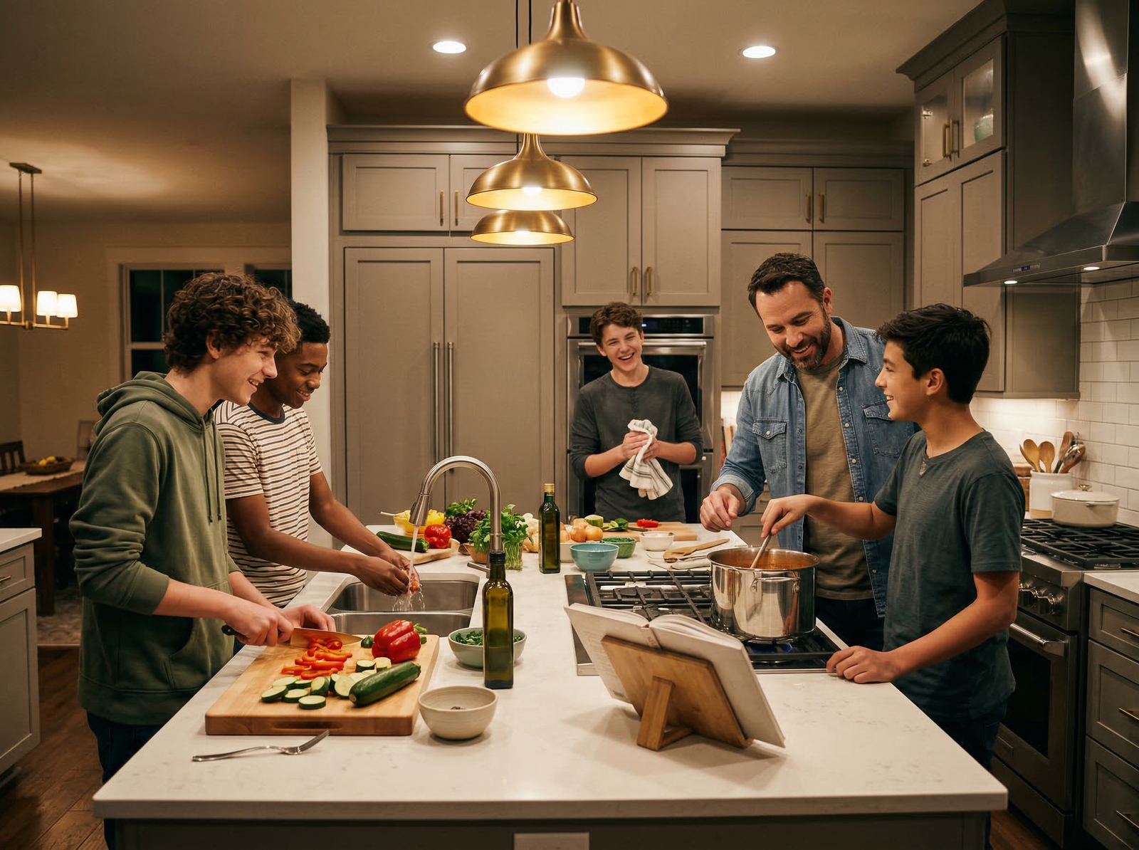 Boys cooking together in a home kitchen with a mentor