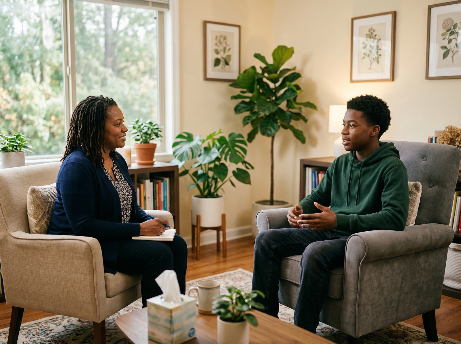 A counselor and teenage boy in a warm therapy session