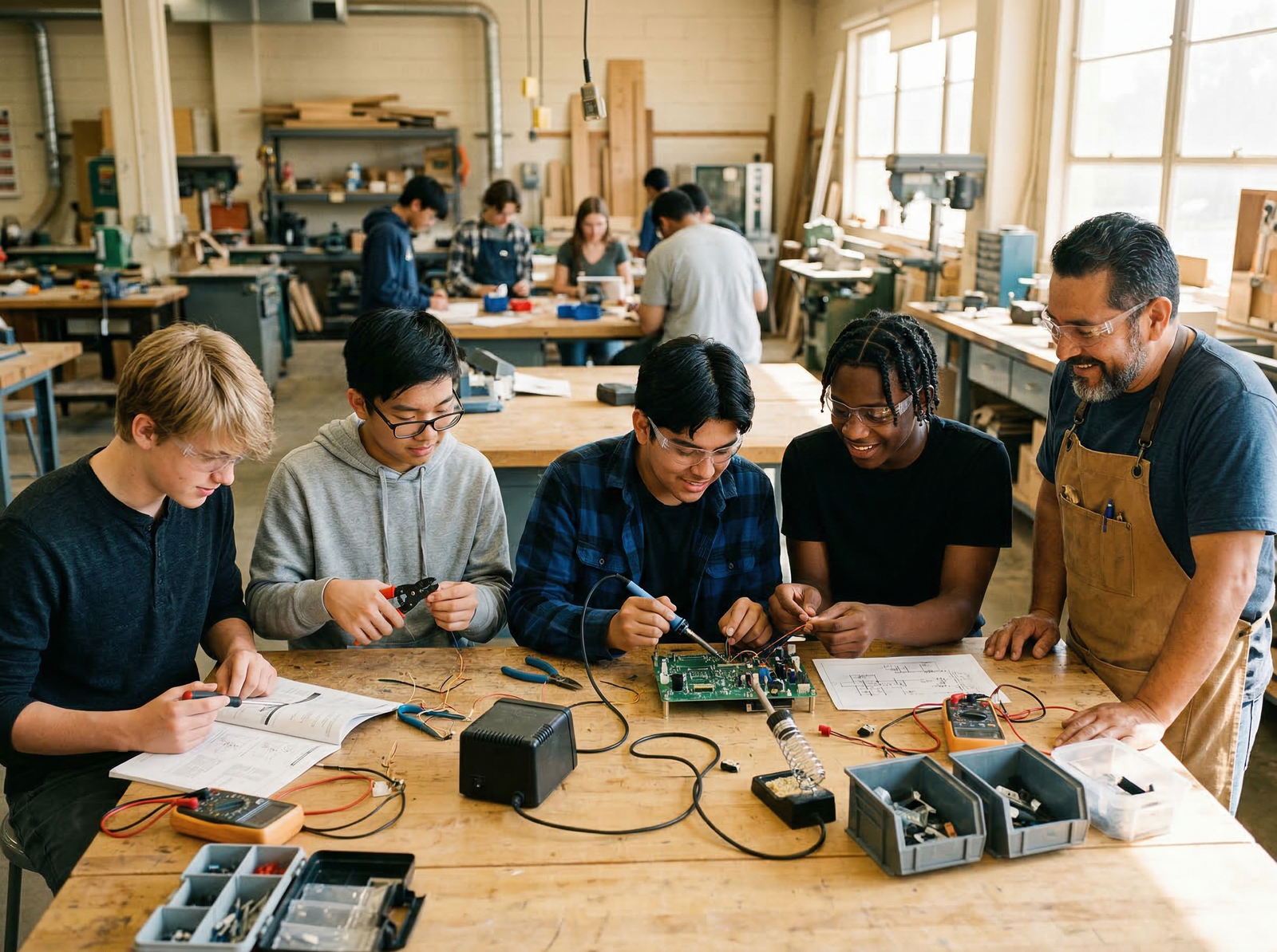 Teenage boys working together on a hands-on vocational project with a mentor