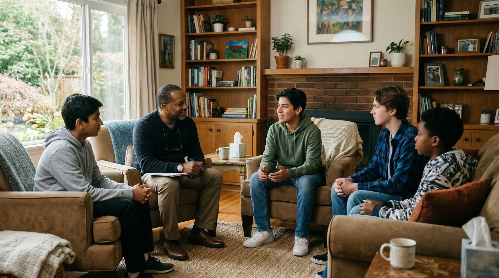 A group therapy session with teenage boys and a counselor in a warm, home-like living room
